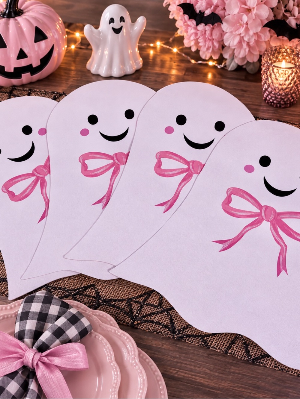 Set of 4 Pink Bow Ghost Halloween Placemats Spooky Cute Coquette Kawaii